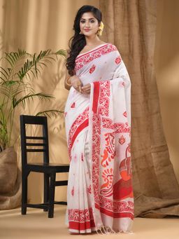 DESH BIDESH - White Handloom Cotton Tant Saree Without Blouse