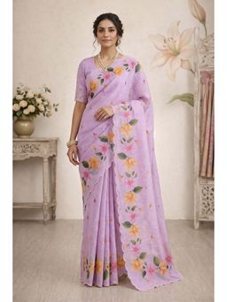 Sangam Prints - Purple Cotton Print Traditional Saree with Unstitched Blouse