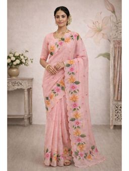 Sangam Prints - Pink Cotton Print Woven Work Traditional Saree with Unstitched Blouse