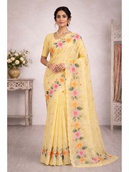 Sangam Prints - Yellow Cotton Print Woven Work Traditional Saree with Unstitched Blouse