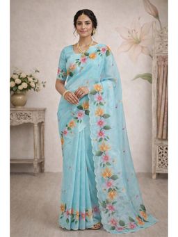 Sangam Prints - Sky Blue Cotton Print Traditional Saree with Unstitched Blouse
