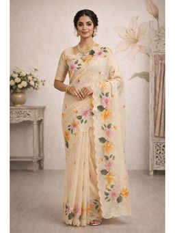 Sangam Prints - Beige Cotton Print Woven Work Traditional Saree with Unstitched Blouse