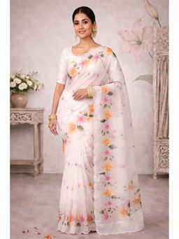 Sangam Prints - Off-White Cotton Print Woven Work Traditional Saree with Unstitched Blouse