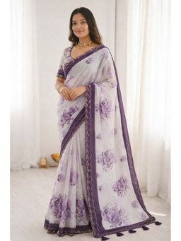 Sangam Prints - Dark Purple Floral Print Aari Work Saree with Unstitched Blouse