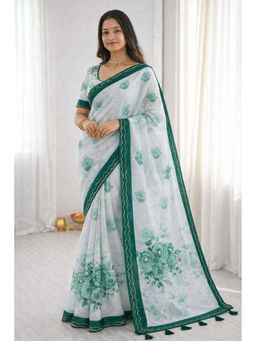 Sangam Prints - Green Floral Print Aari Work Saree with Unstitched Blouse