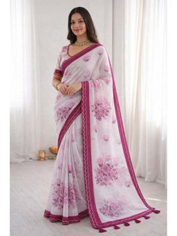 Sangam Prints - Pink Floral Print with Aari Work Saree with Unstitched Blouse