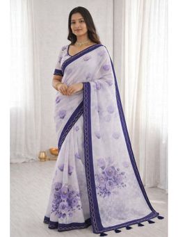 Sangam Prints - Navy Blue Floral Print with Aari Work Saree with Unstitched Blouse