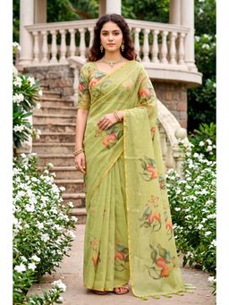 Sangam Prints - Light Green Cotton Floral Print Aari Work Saree with Unstitched Blouse