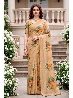 Sangam Prints - Beige Cotton Floral Print with Aari Work Saree with Unstitched Blouse