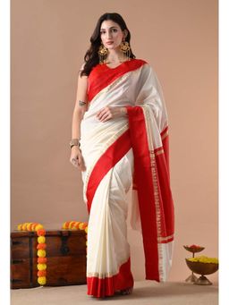 THE WEAVERS SHOP BY RAAVI - Ivory and Red Silk Blend Zari Border Saree with Unstitched Blouse