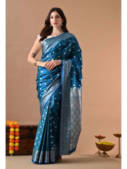 THE WEAVERS SHOP BY RAAVI - Teal Blue Silk Blend Woven Banarasi Saree with Unstitched Blouse