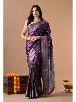 THE WEAVERS SHOP BY RAAVI - Purple Woven Design Silk Blend Banarasi Saree with Unstitched Blouse