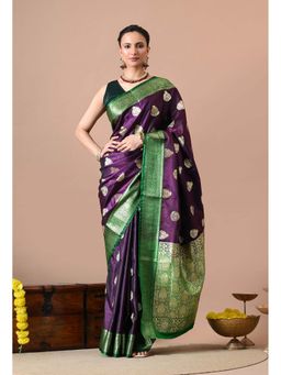 THE WEAVERS SHOP BY RAAVI - Deep Purple Woven Design Silk Blend Banarasi Saree with Unstitched Blouse
