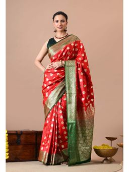 THE WEAVERS SHOP BY RAAVI - Red Woven Design Banarasi Silk-Blend Saree with Unstitched Blouse