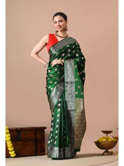 THE WEAVERS SHOP BY RAAVI - Bottle Green Silk Blend Woven Saree with Unstitched Blouse