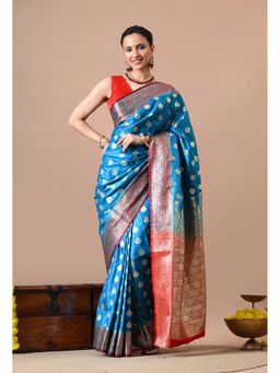 THE WEAVERS SHOP BY RAAVI - Blue and Gold-Toned Silk Blend Banarasi Saree with Unstitched Blouse