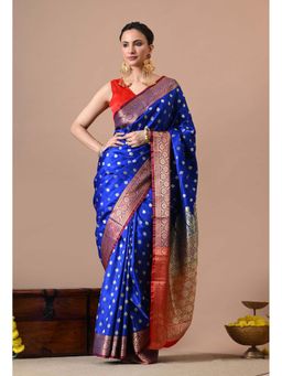 THE WEAVERS SHOP BY RAAVI - Navy Blue Woven Design Silk Blend Banarasi Saree with Unstitched Blouse