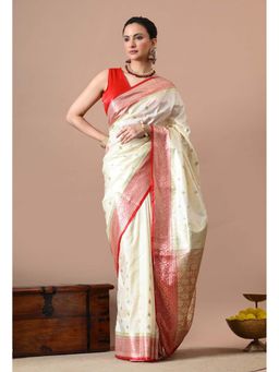 THE WEAVERS SHOP BY RAAVI - Off-White Silk Blend Banarasi Woven Design Saree with Unstitched Blouse