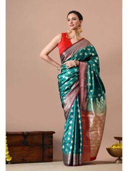 THE WEAVERS SHOP BY RAAVI - Teal and Gold-Toned Silk Blend Banarasi Saree with Unstitched Blouse