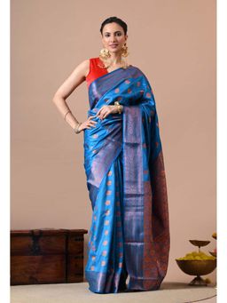 THE WEAVERS SHOP BY RAAVI - Blue Woven Design Zari Silk Blend Saree with Unstitched Blouse