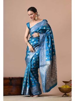THE WEAVERS SHOP BY RAAVI - Blue Silk Blend Woven Design Banarasi Saree with Unstitched Blouse