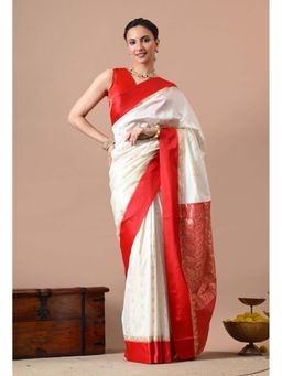 THE WEAVERS SHOP BY RAAVI - Off-White Woven Silk Blend Saree with Unstitched Blouse