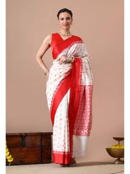 THE WEAVERS SHOP BY RAAVI - Off-White and Red Silk Blend Woven Design Saree with Unstitched Blouse