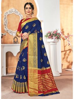 Sangam Prints - Navy Blue Silk Woven Work Traditional Saree with Unstitched Blouse