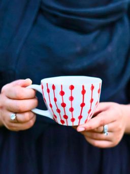 WEAVING HOMES - Red Dotted Lines White Mug