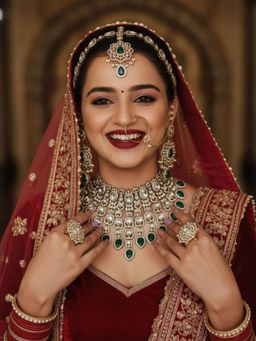 NUI - Gold Plated Green Stone Studded Jewellery Set