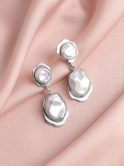 Ornate Jewels - 925 Silver Rhodium Plated Baroque Pearl Drop Earrings