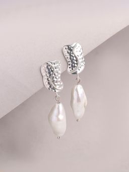 Ornate Jewels - 925 Silver Rhodium Plated Baroque Pearl Leaf Drop Earrings