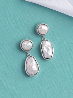 Ornate Jewels - 925 Silver Rhodium Plated Baroque Pearl Luminous Drop Earrings