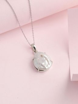 Ornate Jewels - 925 Silver Rhodium Plated Baroque Pearl Solitaire Necklace