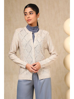 Soch - Beige Acrylic Woven Design Beads Cardigan