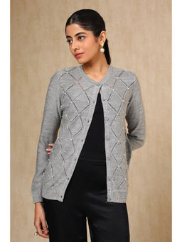 Soch - Grey Acrylic Woven Design Beads Cardigan