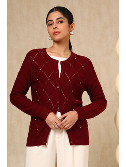 Soch - Maroon Acrylic Woven Design Beads Cardigan