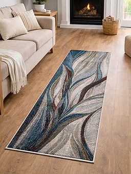 OBSESSIONS - Blue Abstract Polypropylene Jute Backing Bedside Runner