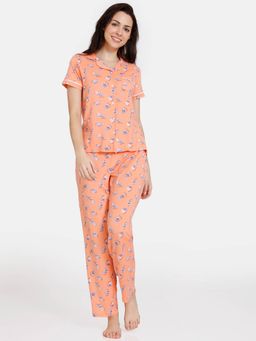 Zivame - Bunny Rolls Knit Cotton Pyjama Set - Papaya Punch-peach