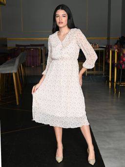 Odette - Off White Crinkled Georgette Printed Midi Dress for Women