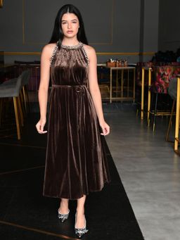 Odette - Brown Velvet Embellished Midi Dress for Women (Set of 2)