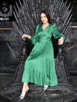 Odette - Green Satin Patterned Midi Dress for Women