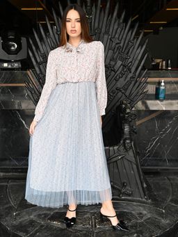 Odette - Blue Georgette and Net Printed Maxi Dress for Women