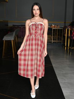 Odette - Red Cotton Checked Midi Dress for Women
