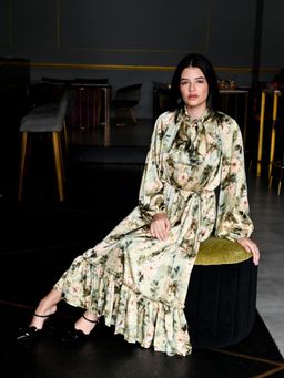 Odette - Green Satin Printed Long Midi Dress with Belt for Women (Set of 2)