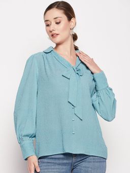CAMLA - Turquoise Solid Mandarin Neck Top Turquoise