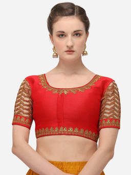 Amrutam Fab - Womens Embroidered Red Phantom Silk Stiched Blouse With Round Neck