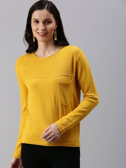 SHOWOFF - Women's Solid Fitted Yellow Round Neck Top
