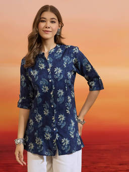 Divena - Floral Printed Royan Blue Tunic