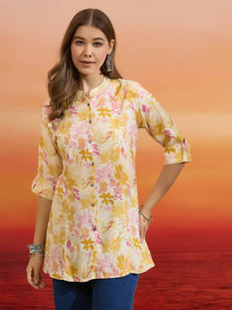 Divena - Floral Printed Yellow Royan Tunic